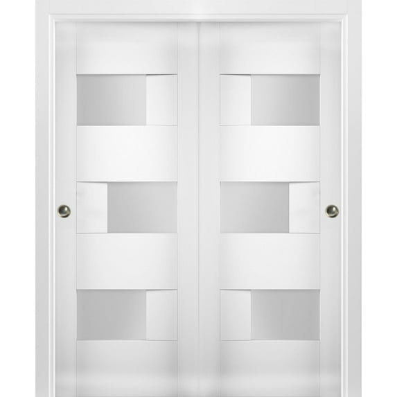Sliding Closet Opaque Glass Bypass Doors / Sete 6933 White Silk / Rails Hardware Set / Wood Solid Bedroom Wardrobe Doors