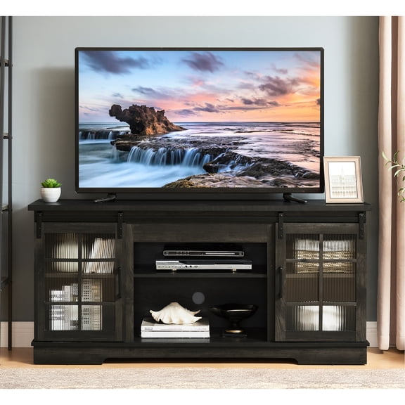 Sliding Door Entertainment Center For 65" Tv, Charcoal Grey Tv Stand, Up To 59.38"w*15.62"d*27.8"h, 3 Adjustable Shelves