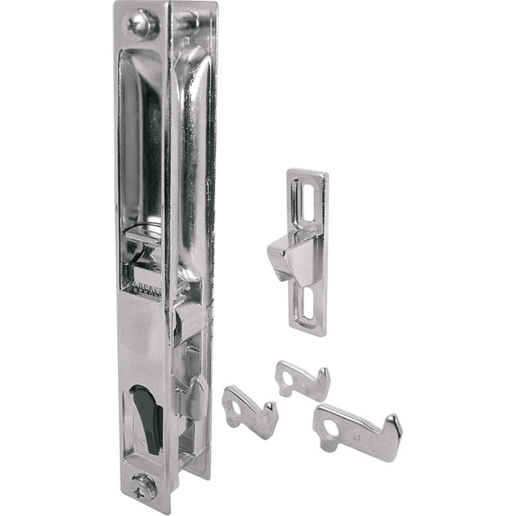 Sliding Door Handle Set, 6-5/8 in, Diecast, Chrome, Hook Style, Flush Mount, 1 Set