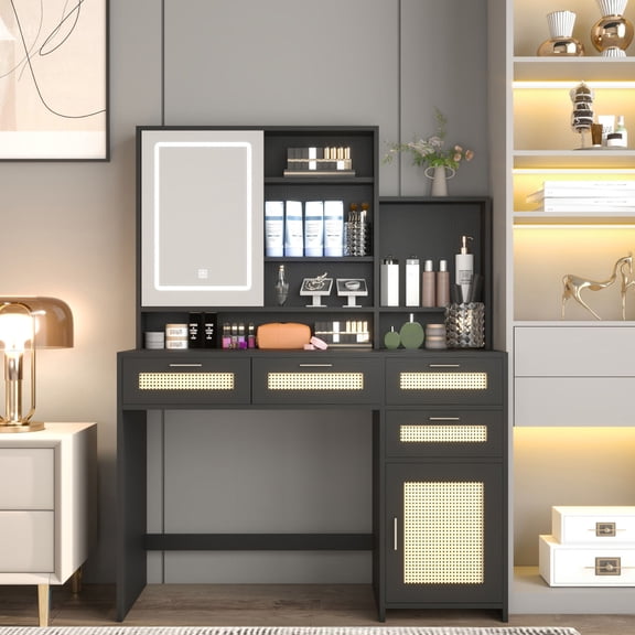 Sliding Door Vanity with 3 - Color LED Lights | For Bedroom Daily & Special Makeup | Keep Jewelry and Accessories Organized