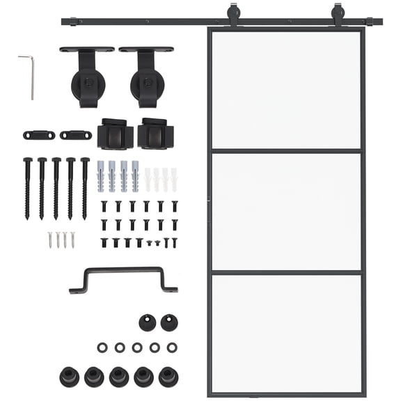 Sliding Door with Frosted Glass for Bathroom - 36 x 84 Carbon Steel Barn Door Hardware Kit, Space Saving Room Divider for Small Spaces