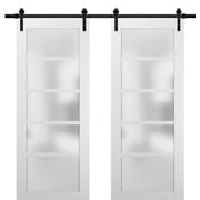 Sliding Double Barn Doors 36 x 84 with Hardware | Quadro 4002 White Silk with Frosted Opaque Glass | Top Mount 13FT Rail Sturdy Set | Kitchen Lite Wooden Solid Panel Interior Bedroom Bathroom Door