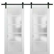 Sliding Double Barn Doors 48 x 80 with Hardware | Quadro 4002 White Silk with Frosted Opaque Glass | Top Mount 13FT Rail Sturdy Set | Kitchen Lite Wooden Solid Panel Interior Bedroom Bathroom Door