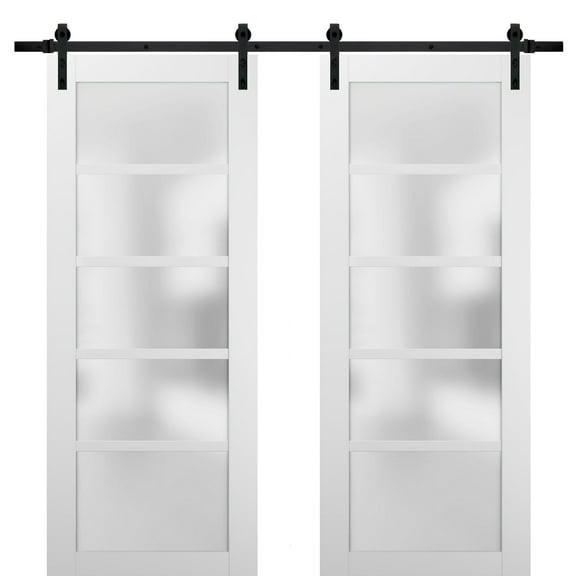 Sliding Double Barn Doors 48 x 80 with Hardware | Quadro 4002 White Silk with Frosted Opaque Glass | Top Mount 13FT Rail Sturdy Set | Kitchen Lite Wooden Solid Panel Interior Bedroom Bathroom Door