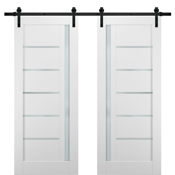 Sliding Double Barn Doors 48 x 80 with Hardware | Quadro 4088 White Silk with Frosted Opaque Glass | Top Mount 13FT Rail Sturdy Set | Kitchen Lite Wooden Solid Panel Interior Bedroom Bathroom Door