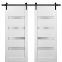Sliding Double Barn Doors 48 x 80 with Hardware | Quadro 4113 White Silk with Frosted Opaque Glass | Top Mount 13FT Rail Sturdy Set | Kitchen Lite Wooden Solid Panel Interior Bedroom Bathroom Door
