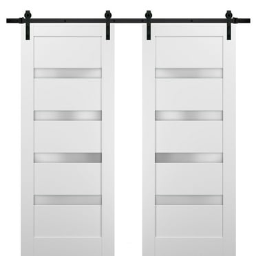 Sliding Double Barn Doors 48 x 80 with Hardware | Quadro 4113 White Silk with Frosted Opaque Glass | Top Mount 13FT Rail Sturdy Set | Kitchen Lite Wooden Solid Panel Interior Bedroom Bathroom Door