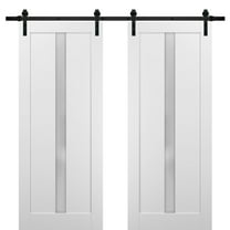 Sliding Double Barn Doors 48 x 84 with Hardware | Quadro 4112 White Silk with Frosted Opaque Glass | Top Mount 13FT Rail Sturdy Set | Kitchen Lite Wooden Solid Panel Interior Bedroom Bathroom Door