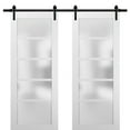 thumbnail image 1 of Sliding Double Barn Doors 56 x 80 with Hardware | Quadro 4002 White Silk with Frosted Opaque Glass | Top Mount 13FT Rail Sturdy Set | Kitchen Lite Wooden Solid Panel Interior Bedroom Bathroom Door, 1 of 6