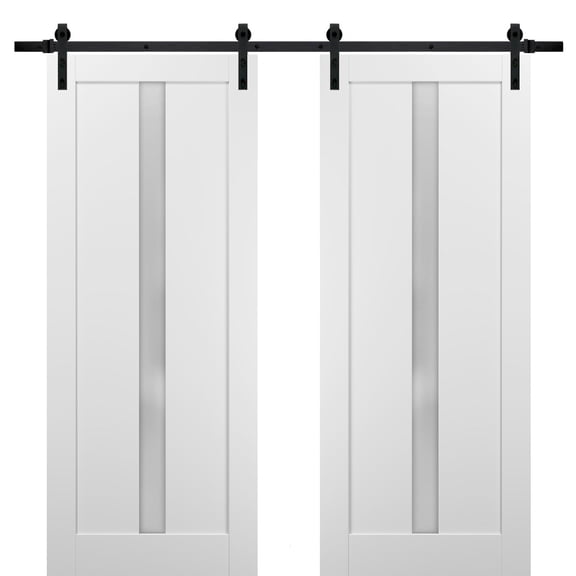 Sliding Double Barn Doors 56 x 80 with Hardware | Quadro 4112 White Silk with Frosted Opaque Glass | Top Mount 13FT Rail Sturdy Set | Kitchen Lite Wooden Solid Panel Interior Bedroom Bathroom Door