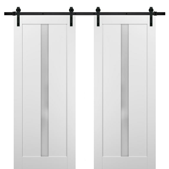 Sliding Double Barn Doors 56 x 96 with Hardware | Quadro 4112 White Silk with Frosted Opaque Glass | Top Mount 13FT Rail Sturdy Set | Kitchen Lite Wooden Solid Panel Interior Bedroom Bathroom Door