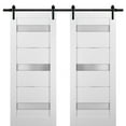 thumbnail image 1 of Sliding Double Barn Doors 60 x 80 with Hardware | Quadro 4055 White Silk with Frosted Opaque Glass | Top Mount 13FT Rail Sturdy Set | Kitchen Lite Wooden Solid Panel Interior Bedroom Bathroom Door, 1 of 6