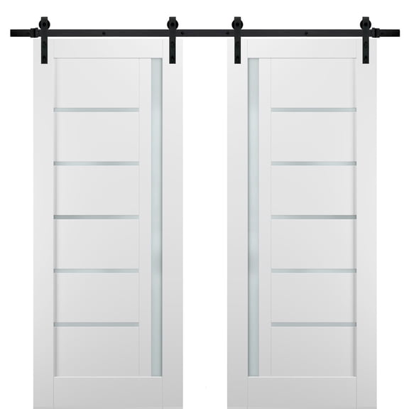Sliding Double Barn Doors 60 x 80 with Hardware | Quadro 4088 White Silk with Frosted Opaque Glass | Top Mount 13FT Rail Sturdy Set | Kitchen Lite Wooden Solid Panel Interior Bedroom Bathroom Door