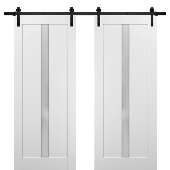 Sliding Double Barn Doors 60 x 80 with Hardware | Quadro 4112 White Silk with Frosted Opaque Glass | Top Mount 13FT Rail Sturdy Set | Kitchen Lite Wooden Solid Panel Interior Bedroom Bathroom Door