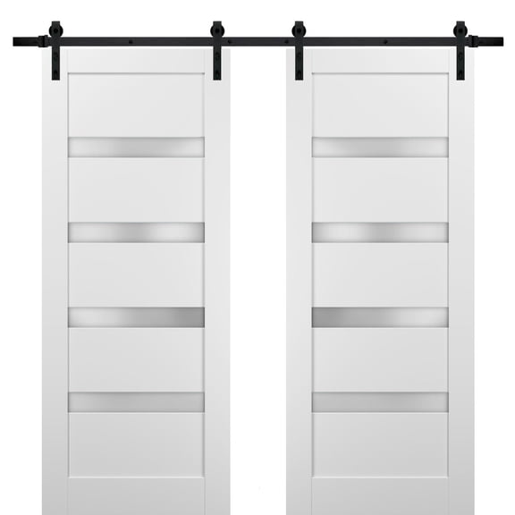 Sliding Double Barn Doors 60 x 80 with Hardware | Quadro 4113 White Silk with Frosted Opaque Glass | Top Mount 13FT Rail Sturdy Set | Kitchen Lite Wooden Solid Panel Interior Bedroom Bathroom Door