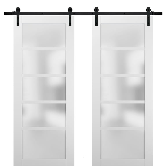 Sliding Double Barn Doors 60 x 84 with Hardware | Quadro 4002 White Silk with Frosted Opaque Glass | Top Mount 13FT Rail Sturdy Set | Kitchen Lite Wooden Solid Panel Interior Bedroom Bathroom Door