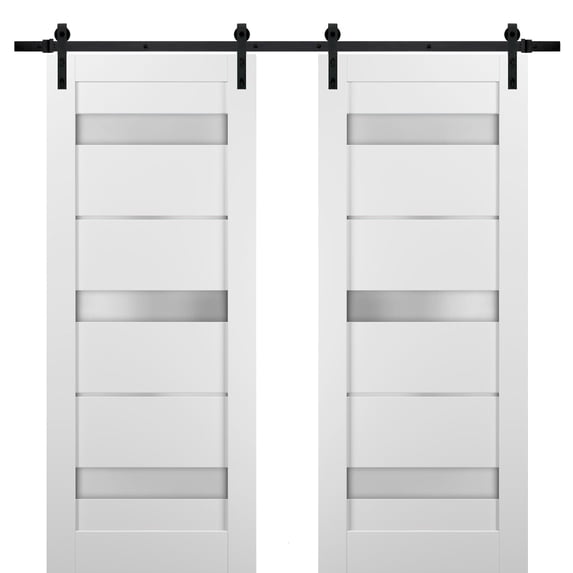 Sliding Double Barn Doors 60 x 96 with Hardware | Quadro 4055 White Silk with Frosted Opaque Glass | Top Mount 13FT Rail Sturdy Set | Kitchen Lite Wooden Solid Panel Interior Bedroom Bathroom Door