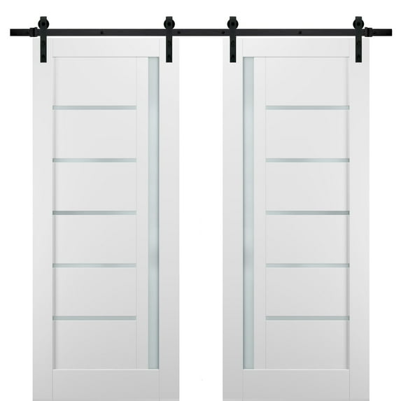 Sliding Double Barn Doors 60 x 96 with Hardware | Quadro 4088 White Silk with Frosted Opaque Glass | Top Mount 13FT Rail Sturdy Set | Kitchen Lite Wooden Solid Panel Interior Bedroom Bathroom Door