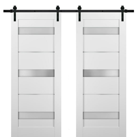 Sliding Double Barn Doors 64 x 80 with Hardware | Quadro 4055 White Silk with Frosted Opaque Glass | Top Mount 13FT Rail Sturdy Set | Kitchen Lite Wooden Solid Panel Interior Bedroom Bathroom Door