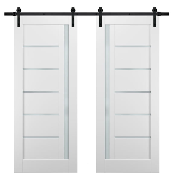 Sliding Double Barn Doors 64 x 80 with Hardware | Quadro 4088 White Silk with Frosted Opaque Glass | Top Mount 13FT Rail Sturdy Set | Kitchen Lite Wooden Solid Panel Interior Bedroom Bathroom Door