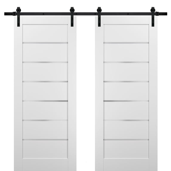 Sliding Double Barn Doors 72 x 80 with Hardware | Quadro 4117 White Silk with Frosted Opaque Glass | Top Mount 13FT Rail Sturdy Set | Kitchen Lite Wooden Solid Panel Interior Bedroom Bathroom Door