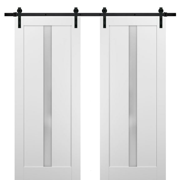 Sliding Double Barn Doors 72 x 84 with Hardware | Quadro 4112 White Silk with Frosted Opaque Glass | Top Mount 13FT Rail Sturdy Set | Kitchen Lite Wooden Solid Panel Interior Bedroom Bathroom Door