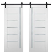 Sliding Double Barn Doors 84 x 96 with Hardware | Quadro 4088 White Silk with Frosted Opaque Glass | Top Mount 14FT Rail Sturdy Set | Kitchen Lite Wooden Solid Panel Interior Bedroom Bathroom Door