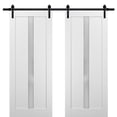 thumbnail image 1 of Sliding Double Barn Doors 84 x 96 with Hardware | Quadro 4112 White Silk with Frosted Opaque Glass | Top Mount 14FT Rail Sturdy Set | Kitchen Lite Wooden Solid Panel Interior Bedroom Bathroom Door, 1 of 6