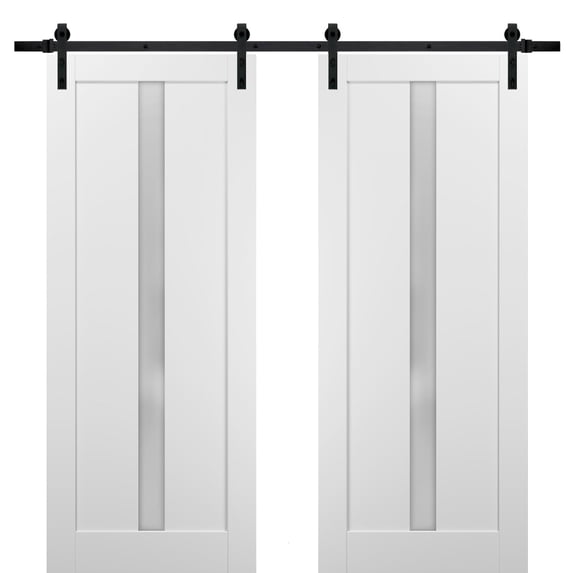 Sliding Double Barn Doors 84 x 96 with Hardware | Quadro 4112 White Silk with Frosted Opaque Glass | Top Mount 14FT Rail Sturdy Set | Kitchen Lite Wooden Solid Panel Interior Bedroom Bathroom Door