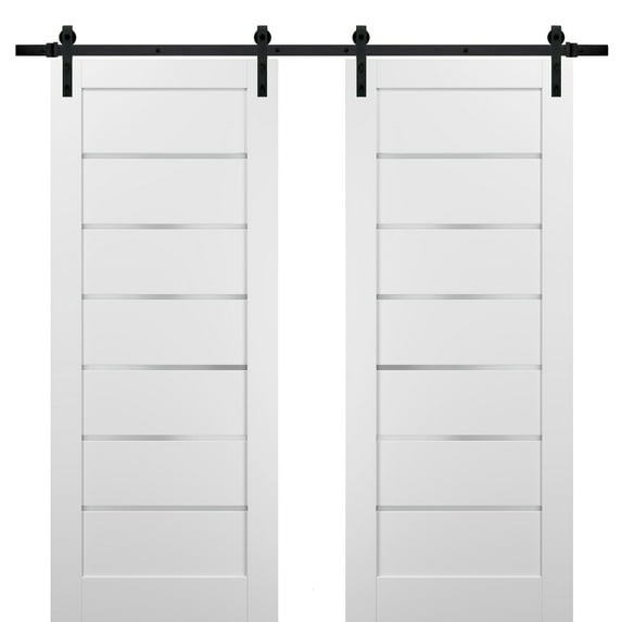 Sliding Double Barn Doors 84 x 96 with Hardware | Quadro 4117 White Silk with Frosted Opaque Glass | Top Mount 14FT Rail Sturdy Set | Kitchen Lite Wooden Solid Panel Interior Bedroom Bathroom Door