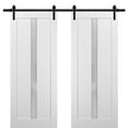 thumbnail image 1 of Sliding Double Barn Doors 84 x 84 with Hardware | Quadro 4112 White Silk with Frosted Opaque Glass | Top Mount 14FT Rail Sturdy Set | Kitchen Lite Wooden Solid Panel Interior Bedroom Bathroom Door, 1 of 5