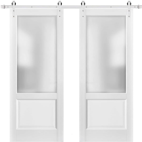 Sliding Double Barn Doors with Hardware | Lucia 22 White Silk with Frosted Opaque Glass | 13FT Rail Sturdy Set |Interior Door-48" x 80" (2* 24x80)-Silver Rail-Frosted Glass