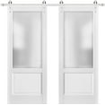 thumbnail image 1 of Sliding Double Barn Doors with Hardware | Lucia 22 White Silk with Frosted Opaque Glass | 13FT Rail Sturdy Set |Interior Door-56" x 80" (2* 28x80)-Silver Rail-Frosted Glass, 1 of 6
