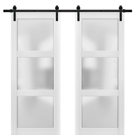 Sliding Double Barn Doors with Hardware | Lucia 2552 Matte White with Opaque Glass | 13FT Rail Sturdy Set | Kitchen Lite Wooden Solid Panel Interior Bedroom Bathroom Door