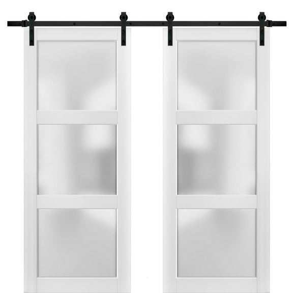 Sliding Double Barn Doors with Hardware | Lucia 2552 Matte White with Opaque Glass | 13FT Rail Sturdy Set | Kitchen Lite Wooden Solid Panel Interior Bedroom Bathroom Door