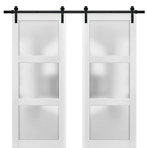 Sliding Double Barn Doors with Hardware | Lucia 2552 Matte White with Opaque Glass | 13FT Rail Sturdy Set | Kitchen Lite Wooden Solid Panel Interior Bedroom Bathroom Door