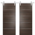 thumbnail image 1 of Sliding Double Barn Doors with Hardware | Planum 0020 Chocolate Ash | 13FT Rail Hangers Sturdy Set | Modern Solid Panel Interior Hall Bedroom Bathroom Door-36" x 80" (2* 18x80)-Silver Rail, 1 of 6