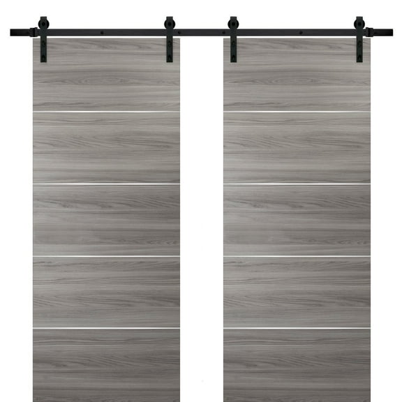 Sliding Double Barn Doors with Hardware | Planum 0020 Ginger Ash | 13FT Rail Hangers Sturdy Set | Modern Solid Panel Interior Hall Bedroom Bathroom Door-36" x 96" (2* 18x96)-Black Rail