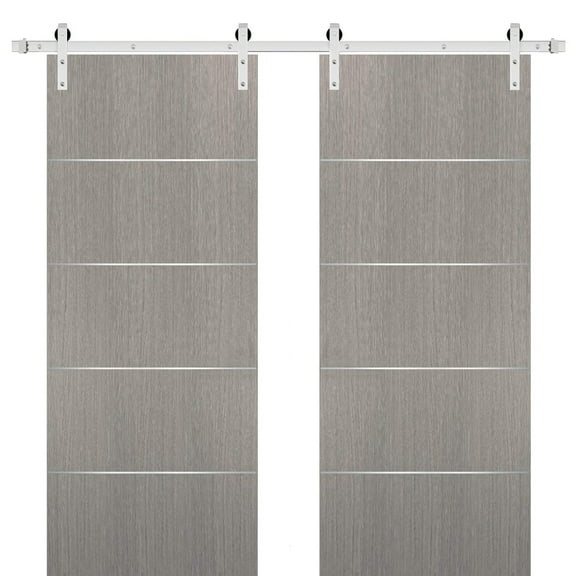 Sliding Double Barn Doors with Hardware | Planum 0020 Grey Oak | 13FT Rail Hangers Sturdy Set | Modern Solid Panel Interior Hall Bedroom Bathroom Door-36" x 80" (2* 18x80)-Silver Rail
