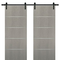 Sliding Double Barn Doors with Hardware | Planum 0020 Grey Oak | 13FT Rail Hangers Sturdy Set | Modern Solid Panel Interior Hall Bedroom Bathroom Door-36" x 96" (2* 18x96)-Black Rail