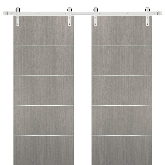 Sliding Double Barn Doors with Hardware | Planum 0020 Grey Oak | 13FT Rail Hangers Sturdy Set | Modern Solid Panel Interior Hall Bedroom Bathroom Door-56" x 80" (2* 28x80)-Silver Rail