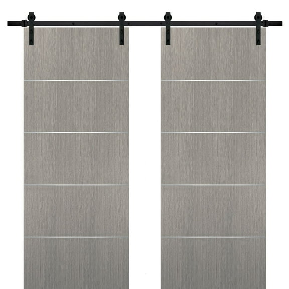 Sliding Double Barn Doors with Hardware | Planum 0020 Grey Oak | 13FT Rail Hangers Sturdy Set | Modern Solid Panel Interior Hall Bedroom Bathroom Door-84" x 80" (2* 42x80)-Black Rail