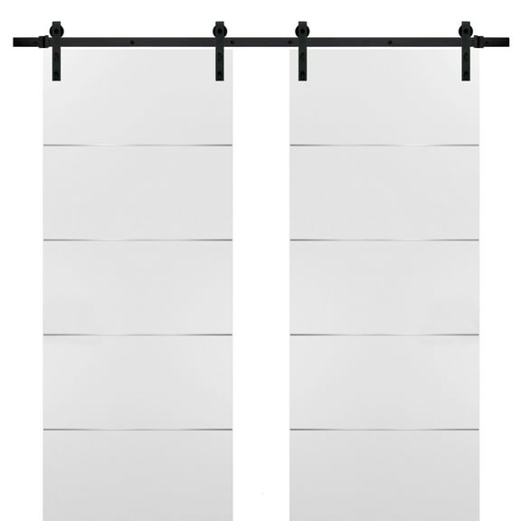 Sliding Double Barn Doors with Hardware | Planum 0020 White Silk | 13FT Rail Hangers Sturdy Set | Modern Solid Panel Interior Hall Bedroom Bathroom Door-36" x 96" (2* 18x96)-Black Rail