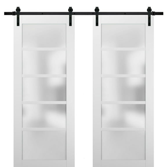 Sliding Double Barn Doors | Quadro 4002 White Silk with Frosted Opaque Glass | Sample of Color