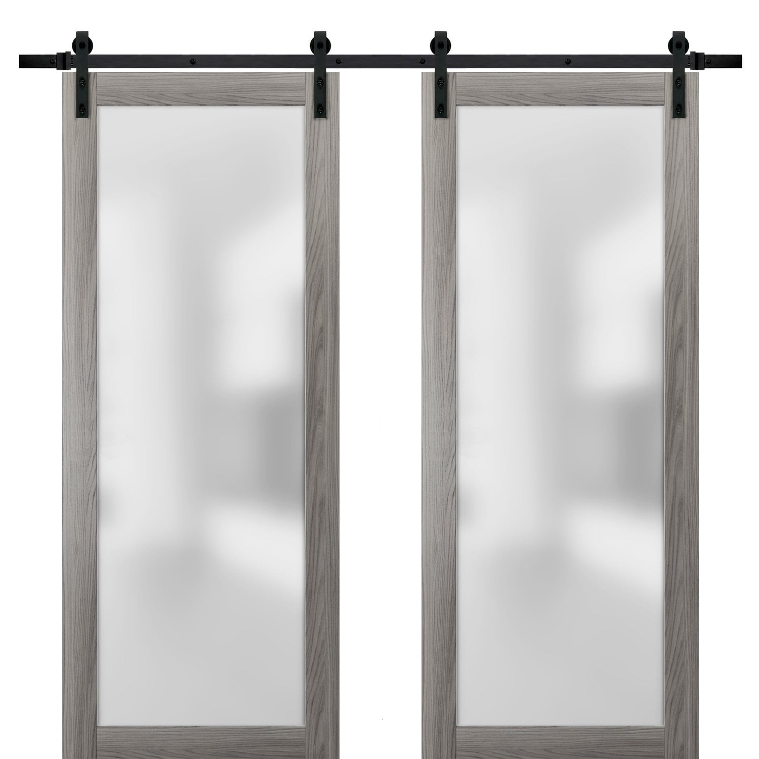 Gray Solid Pine Wood Sliding Barn Doors with Frosted Glass Panels