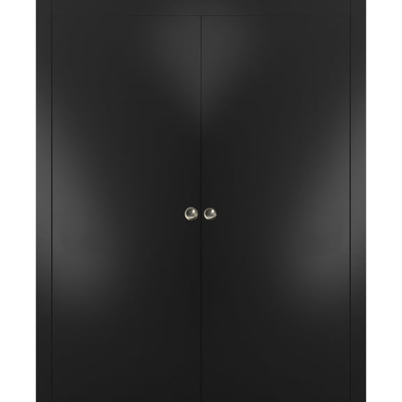 Sliding Double Pocket Door 72 x 80 inches with Frames | Planum 0010 Black Matte | Kit Trims Rail Hardware | Solid Wood Interior Bedroom Bathroom Closet Sturdy Doors