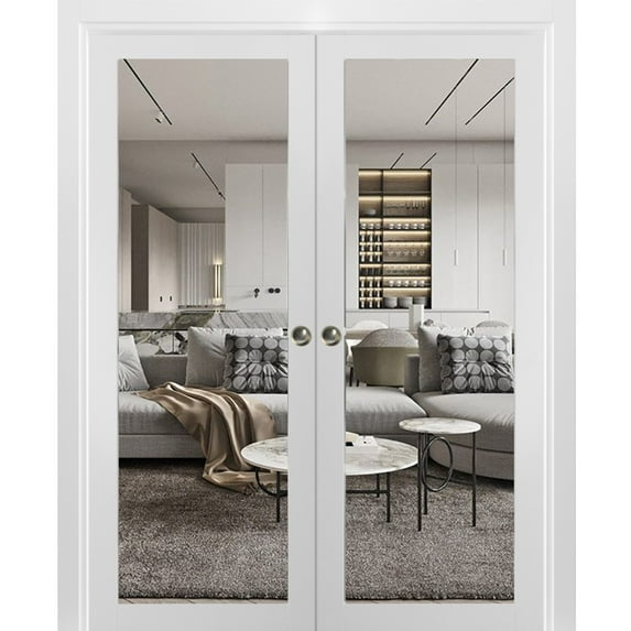 Sliding Double Pocket Door Clear Glass | Lucia 2166 White Silk | Kit Trims Rail Hardware | Solid Wood Interior Bedroom Bathroom Closet Sturdy Doors-56" x 80" (2* 28x80)-Clear Glass