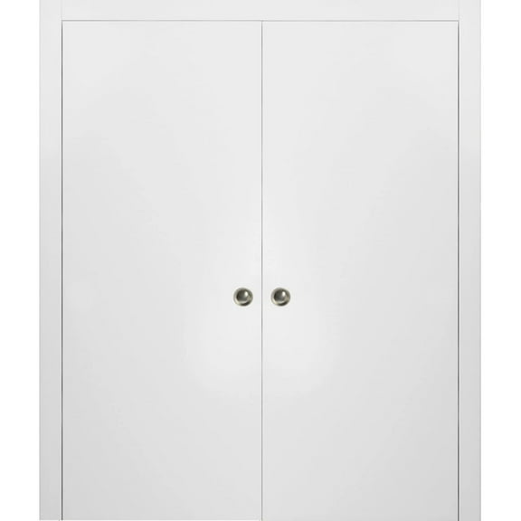 Sliding Double Pocket Door with Frames | Planum 0010 White Silk | Kit Trims Rail Hardware | Solid Wood Interior Bedroom Bathroom Closet Sturdy Doors -36" x 84" (2* 18x84)