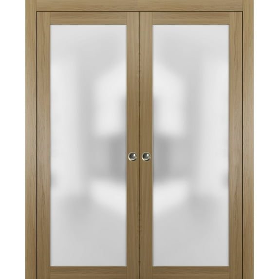 Sliding Double Pocket Door Frosted Tempered Glass | Planum 2102 Haney Ash | Kit Trims Rail Hardware | Solid Wood Interior Bedroom Bathroom Closet Sturdy Doors -56" x 80" (2* 28x80)