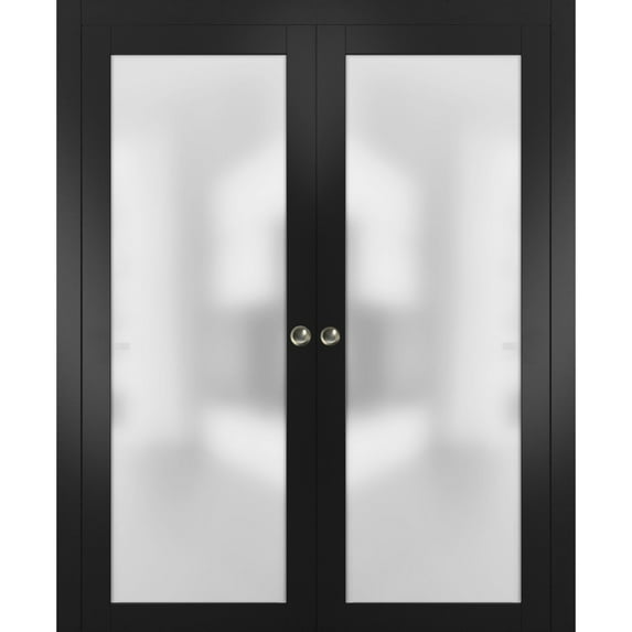 Sliding Double Pocket Door Frosted Tempered Glass | Planum 2102 Matte Black | Kit Trims Rail Hardware | Solid Wood Interior Bedroom Bathroom Closet Sturdy Doors -56" x 96" (2* 28x96)